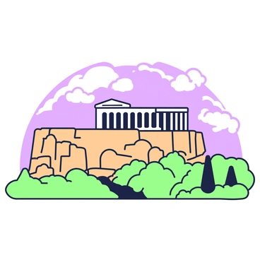 The Acropolis stands prominently in the image, showcasing its ancient structures with intricate details visible. The architectural elements, including the Parthenon, exhibit a warm orange glow, highlighting the textures of the stone. The sky surrounding the Acropolis transitions from light to dark, indicating dusk. Silhouetted clouds can be seen in the background, framing the iconic structure. In the foreground, the outlines of trees are visible, adding depth to the scene. The overall composition emphasizes the grandeur and historical significance of the Acropolis as it is illuminated by the evening light.