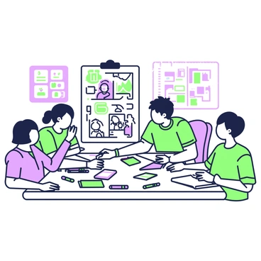 A group of students is gathered around a large table, engaged in the art of visual storytelling. Each student is focused on their individual projects, which include comics and animation sketches. One student is working on a comic strip featuring characters with speech bubbles filled with dialogue. Another student is coloring in a storyboard for an animation, showcasing various scenes with dynamic action lines. There are various art supplies scattered across the table, including markers, colored pencils, and sketchbooks. In the background, a whiteboard displays notes and tips on storytelling techniques. The atmosphere is vibrant as students exchange ideas and collaborate on their creative endeavors.