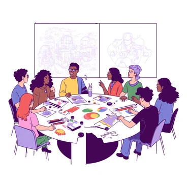 An illustration expert with glasses and a focused expression is sitting at a large round table covered with sketches and art supplies. Around the table, a diverse group of artists is engaged in discussion, sharing ideas and making suggestions. Each artist has unique styles, with one having brightly colored hair and another wearing a colorful scarf. Various art materials, such as markers, paints, and brushes, are scattered across the table. In the background, a large canvas is set up, displaying an unfinished mural that the group is planning to create together.