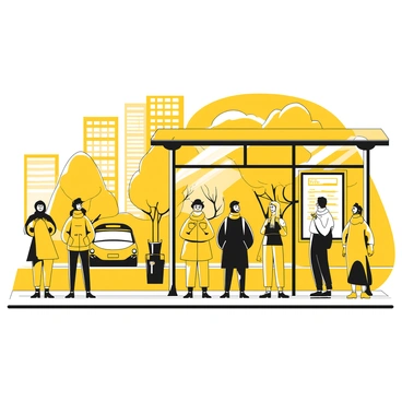 A city bus stop filled with several commuters standing patiently. Each commuter is dressed in diverse winter clothing, including coats, scarves, and hats. The bus stop features a modern shelter with a transparent roof and sleek metal supports. An electronic display board shows the bus schedule. In the background, tall buildings and trees line the street. A bus can be seen approaching in the distance. The scene is lively, capturing the movement and activity of urban life.