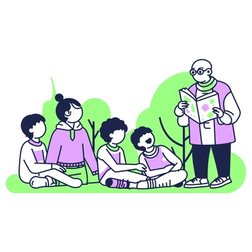 A group of children is gathered in a semi-circle, eagerly focused on a storyteller. The storyteller is an older person with glasses, wearing a colorful scarf, and is holding a book with a playful cover that features whimsical illustrations. The children, a mix of boys and girls of various ages, are seated on a grassy area, with one child leaning forward with excitement and another child laughing. Surrounding them are a few trees in the background, providing a natural setting for this storytelling moment. 