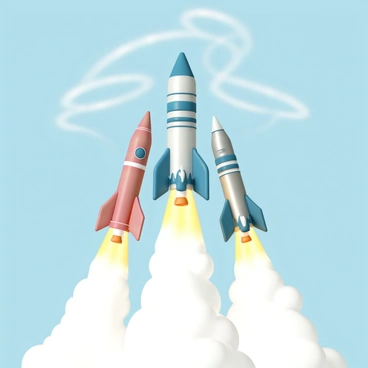 A formation of three sleek, metallic rockets, each with distinct colors—one red, one blue, and one silver—launching into a clear blue sky. The rockets are positioned in a triangular formation, angled upward as they ignite their engines. Bright flames and plumes of smoke burst from the rocket nozzles, creating an impressive visual display. Each rocket features intricate details such as fins, markings, and a glossy finish reflecting the sunlight. The scene captures the dynamic energy of the simultaneous launch, with shimmering trails of smoke intertwining in the air above.
