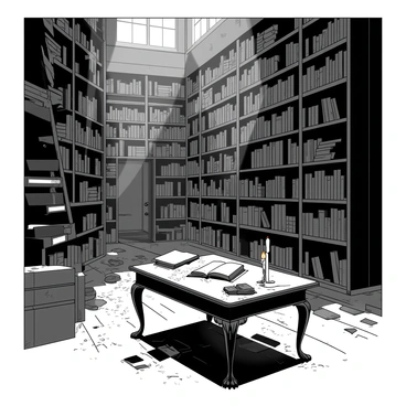 An expansive library filled with towering shelves that are heavily coated in a layer of dust. The shelves are overstuffed with an assortment of scattered books, some lying open while others are haphazardly stacked. Rays of light penetrate through the dusty windows, illuminating motes of dust floating in the air. The dark wooden floor creaks underfoot, adding to the atmosphere of neglect. A vintage, ornate reading table sits in the center, cluttered with a few more scattered books and a flickering candle. The walls are lined with faded wallpaper, hinting at a once beautiful design now dulled with age.