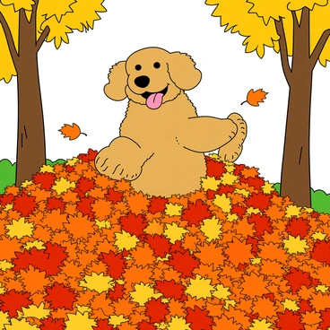 A fluffy labradoodle with a wavy golden coat is happily jumping through a large pile of vibrant autumn leaves. The leaves are various shades of orange, red, and yellow, creating a lively colorful mound. The dog has its ears flopped over and a joyful expression, with its front paws lifted off the ground. Sunlight filters through the trees, casting playful shadows around the scene. A few leaves are caught in the air, adding a sense of movement.