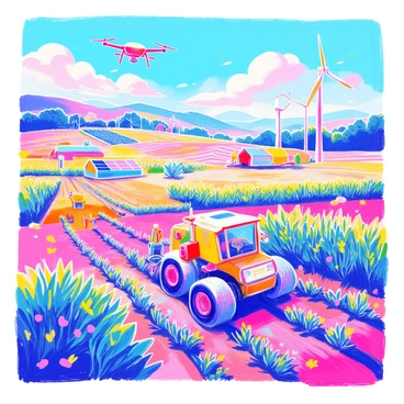 A futuristic farm is set in a vast landscape filled with rows of crops and advanced technology. Autonomous machines are seen tending to the fields, equipped with various tools and sensors. Drones are hovering above, monitoring the crops and collecting data, their sleek designs reflecting sunlight. Bright green plants stretch across the land, showcasing healthy growth. In the background, a solar panel array powers the farm, while a wind turbine stands tall, harnessing renewable energy. The sky is clear, allowing for a bright, vibrant atmosphere.