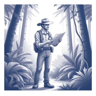 An explorer is standing in a dense jungle, surrounded by tall trees and thick underbrush. He is holding a compass in one hand, focused intently on it. In the other hand, he holds an unfolded map, examining it closely. The explorer is dressed in rugged clothing suitable for jungle exploration, including a wide-brimmed hat and sturdy boots. Sunlight filters through the leaves, creating dappled shadows on the forest floor. Various tropical plants and vines surround him, adding to the lushness of the setting.
