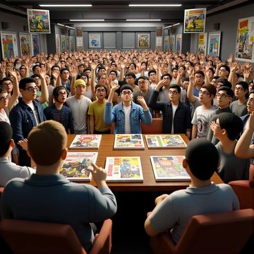 A lively auction hall filled with collectors eagerly raising their hands to place bids on rare comic books. The room is bustling with energy, showcasing a diverse group of individuals, including a man with glasses wearing a denim jacket, a woman with colorful hair dressed in vintage clothing, and a couple of young adults sporting graphic t-shirts. In the center, a large wooden auction table displays several comic books in pristine condition, each protected by plastic covers. Bright lights illuminate the scene, highlighting the excitement and tension in the air as the auctioneer stands at the front, holding a gavel and calling for bids. Banners and posters of popular comic book characters adorn the walls, adding to the vibrant atmosphere.