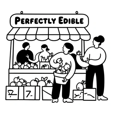 A customer holding a basket filled with various 'imperfect' fruits, showcasing apples with dents, bananas with spots, and pears with slight blemishes. The customer is examining a slightly bruised peach while standing at a vibrant market stall adorned with burlap sacks and wooden crates filled with an assortment of fruits. Other shoppers and vendors are visible in the background, creating a lively market atmosphere. The words "Perfectly Edible" are displayed prominently on a sign above the stall.