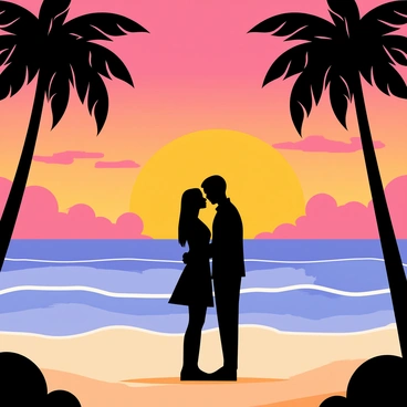 A silhouette of a couple embracing stands on the shore at sunset. The couple is positioned in the foreground, with their figures outlined against the vibrant colors of the sky. The sun is setting on the horizon, casting shades of orange, pink, and purple across the clouds. Gentle waves lap at the sandy beach, creating a serene atmosphere. Silhouetted palm trees frame the scene on either side, adding to the coastal setting. The overall composition emphasizes the intimacy of the couple against the backdrop of a beautiful sunset by the seaside.
