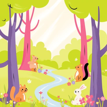 A whimsical forest scene filled with colorful trees of various shapes and sizes. The trunks of the trees are twisted and the leaves are in vibrant shades of green, pink, and purple. Small, friendly animals like a squirrel and a rabbit are playfully interacting on the forest floor, surrounded by bright flowers. Soft rays of sunlight beam through the canopy, illuminating patches of grass and creating a magical atmosphere. In the distance, a small, sparkling stream can be seen winding through the trees.