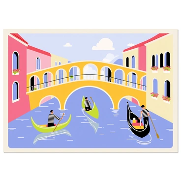 A postcard depicting several colorful gondolas gracefully gliding along a serene canal. The gondolas showcase intricate designs and are manned by gondoliers wearing traditional striped shirts. Above the water, a series of elegant arched bridges span across the canal, crafted from warm-toned stone. The scene is framed by charming buildings with pastel-colored facades, adorned with flower-filled balconies. The bright blue sky reflects on the water's surface, creating a lively atmosphere.