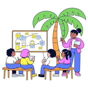 A group of children sitting at wooden benches in an outdoor classroom. They are engaged in a lesson about palm oil production, with a large green palm tree visible in the background. Each child has a notebook and pencil, taking notes on the information presented. A teacher stands in front of a large chart displaying the palm oil production process, pointing at different stages. Sunlight filters through the leaves above, creating dappled patterns on the ground.