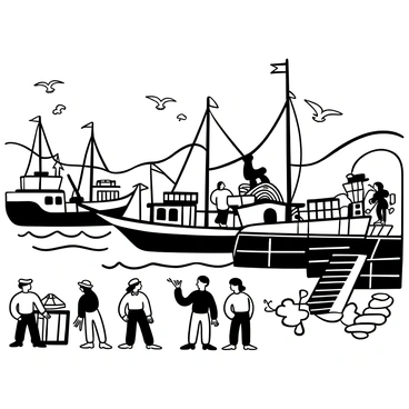 A busy harbor filled with various ships docked alongside the wooden piers, their sails furled and masts towering above. Sailors in traditional attire are actively loading and unloading cargo, some tying ropes while others carry barrels and crates. On the shore, a group of sailors are gathered, discussing plans with animated gestures. A few seagulls are soaring overhead, and the water reflects the clear sky, with gentle waves lapping against the sides of the boats. In the background, there are rolling hills framing the harbor, providing a sense of depth to the scene.