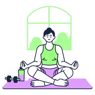 A person is sitting cross-legged on a yoga mat, reflecting in a meditative pose. They are wearing a fitted workout shirt and athletic shorts, with a towel draped over one knee. In the background, a pair of dumbbells is placed on the floor near a water bottle. The person's eyes are closed, and their hands are resting on their knees, palms facing up. The room is filled with natural light from a nearby window, illuminating the peaceful atmosphere around them.