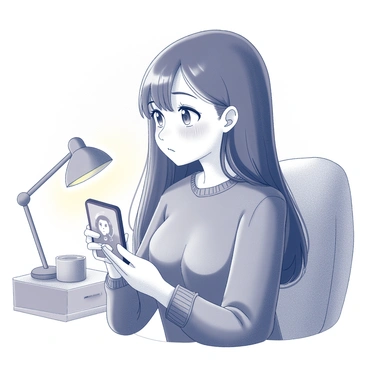 A girl is sitting in a softly lit room, holding a smartphone to her ear. She has long, flowing hair, and her gaze is fixed on the screen, where a face is visible in the video call. Her expression is a mixture of sadness and affection, with tears glistening in her eyes. She wears a cozy sweater, adding to the intimate atmosphere. The background features a bedside lamp casting a warm glow, and a few personal items are scattered on a desk nearby, creating a sense of comfort in the scene.