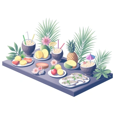 A large buffet table set in a tropical paradise. The table is covered with an array of exotic fruits, including sliced pineapples, vibrant mangoes, and juicy papayas. Several coconut drinks are placed in decorative coconut shells, each with colorful umbrellas and straws. Platters of grilled fish, seasoned and garnished with fresh herbs, are displayed prominently alongside the fruits. Lush green palm leaves and tropical flowers are scattered around the table, enhancing the vibrant, festive atmosphere.