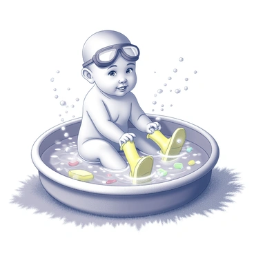 A baby sitting in a shallow kiddie pool. The baby is wearing a pair of goggles on their forehead and bright yellow flippers on their feet. Water splashes around as the baby plays, reaching for floating toys. The pool is filled with small colorful inflatable items and surrounded by soft, textured grass. The baby has a joyful expression, with a wide smile showing tiny teeth, as they splash their hands in the water. Sunlight reflects off the surface of the water, creating playful highlights.