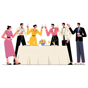 A group of elegantly dressed guests standing around a beautifully set dining table, each holding a glass raised in a toast. The guests are smiling and applauding with enthusiasm. The table is adorned with fine china, gleaming silverware, and a centerpiece of fresh flowers. Soft ambient lighting casts a warm glow over the scene, enhancing the festive atmosphere.