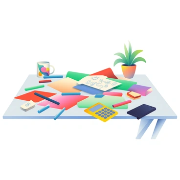 A cluttered desk filled with various items is in the center of a busy agency. The desk has a vibrant assortment of papers in different colors, some are neatly stacked while others are scattered haphazardly. Several pens in shades of blue, green, and red are lying across the desk, alongside a few small gadgets including a bright yellow calculator and a sleek black smartphone. In the background, a coffee mug with a colorful design is visible, and a notepad filled with doodles is resting on the surface. A small potted plant with green leaves adds a touch of nature to the scene, completing the lively atmosphere of the agency.