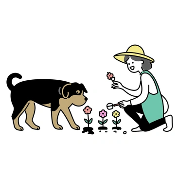 A rottweiler with a glossy black and brown coat is digging in the soil, showcasing its strong paws and determined expression. Nearby, a gardener, dressed in a green apron and a wide-brimmed hat, is kneeling on the ground, planting colorful flowers in neat rows. The gardener is holding a small trowel in one hand while placing a bright red flower into the freshly dug hole with the other hand. Garden tools and pots are scattered around, and a few more flowers rest on the ground, ready to be planted.