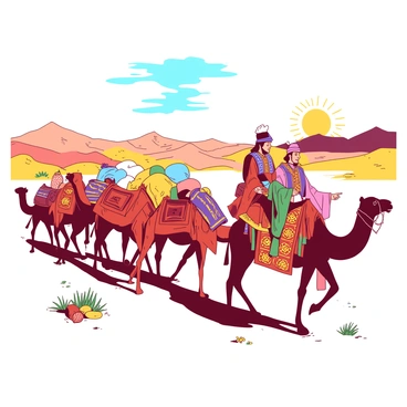 A vibrant scene of a bustling Silk Road caravan traversing a vast desert landscape. In the foreground, a group of camels is carrying colorful woven bags and goods. Leading the caravan are two emissaries of Genghis Khan, dressed in ornate traditional attire with intricate patterns, one holding a scroll and the other pointing towards the horizon. The desert is depicted with rolling sand dunes under a bright sky, with the sun casting distinct shadows. In the background, distant mountains create a sense of depth, while small clusters of desert flora add texture to the scene.