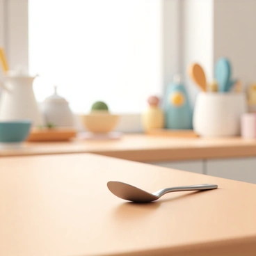 A stainless steel spoon, polished to a high shine, is lying flat on a wooden kitchen table. The spoon has a curved bowl and an elongated handle, with subtle reflections catching the light. The wooden table has a warm brown hue, showcasing its natural grain. The scene includes a soft shadow cast by the spoon, emphasizing the contact with the table surface. The surrounding environment hints at a cozy kitchen setting, with a blurred background of soft colors and shapes, such as kitchen utensils and a window allowing natural light to filter through.