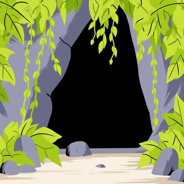 A hidden entrance to a cave features a jagged rock opening partially concealed by dense, dark shadows. Overgrown green vines drape from above, intertwining with large, leafy plants that surround the entrance. The cave's interior is faintly visible, hinting at mysterious depths beyond. The ground is uneven and scattered with small stones and patches of moss, enhancing the natural, wild atmosphere of the scene. Soft light filters through the foliage, creating a contrast between light and dark around the entrance.
