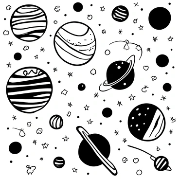 A wide expanse of space filled with various celestial bodies. There are multiple planets of different sizes, each with unique patterns and textures. Surrounding the planets, numerous stars are scattered across the background in various sizes, creating a sense of depth. Thin, swirling lines interconnect some of the planets, suggesting gravitational interactions. The entire scene is intricately drawn, with attention to detail in each planetary surface and the sparkle of the stars.