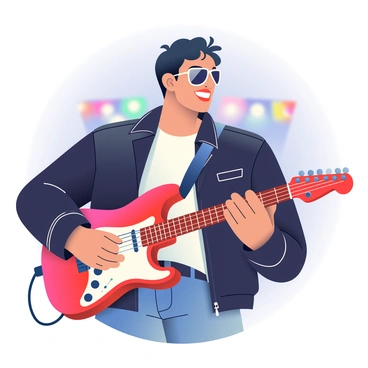 A detailed portrait of a famous guitarist is depicted, with short, tousled dark hair and wearing stylish sunglasses. He holds a vibrant red electric guitar, with one hand strumming the strings passionately. The guitarist is dressed in a black leather jacket over a white t-shirt, showcasing a confident demeanor. Behind him, there are blurred hints of a concert stage illuminated by colorful lights, creating an energetic atmosphere. The expression on his face reflects intense concentration and joy as he plays.