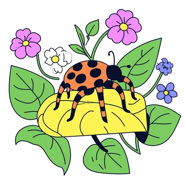 A close-up view of a unique six-legged insect with vibrant orange and black patterns on its body. The insect is perched on a bright green leaf with visible veins. Surrounding the leaf are various lush green plants and colorful flowers in the background, adding depth and detail to the garden scene. The sunlight gently illuminates the insect, highlighting its intricate features and textures.