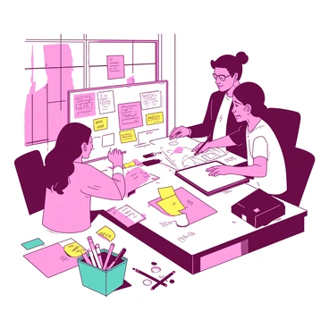 A group of illustrators is gathered around a large table filled with colorful sticky notes and various sketches. The table is covered with a mix of pink and yellow notes, each displaying different ideas and concepts. One illustrator is animatedly drawing on a large white sketchpad, while another is pointing at a sticky note, discussing a concept. There are art supplies scattered across the table, including markers and pencils in a teal container. The room is bright, with natural light streaming through a window, creating an inspiring atmosphere for creativity.