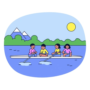 A synchronized rowing team composed of four athletes in colorful uniforms is gliding over a calm lake. Each rower is positioned in a long, narrow boat, and their oars are perfectly aligned as they move in unison. The water reflects the clear blue sky above, creating a serene mirror effect. In the background, a line of green trees borders the lake, and a distant mountain range is visible on the horizon. The sun shines brightly, casting gentle ripples on the water's surface.