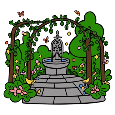 A hidden garden filled with lush greenery and overgrown vines cascading from trellises and trees. In the center of the garden, there is a magical fountain with intricate carvings, surrounded by colorful flowers blooming in various shapes. Soft sunlight filters through the leaves, casting playful shadows on the cobblestone pathway leading to the fountain. Small creatures, such as butterflies and birds, can be seen flitting about, adding life to this enchanting scene.