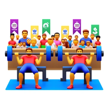 Athletes in athletic wear are engaged in a chest press challenge at a local fitness event. Each athlete is positioned on a weight bench, lifting a barbell with weights on either side. The setting includes various spectators watching intently, cheering for the competitors. Bright banners indicating the event and sponsor logos are displayed in the background. The atmosphere is lively and energetic, with athletes showing determination on their faces as they strive to achieve their personal best.