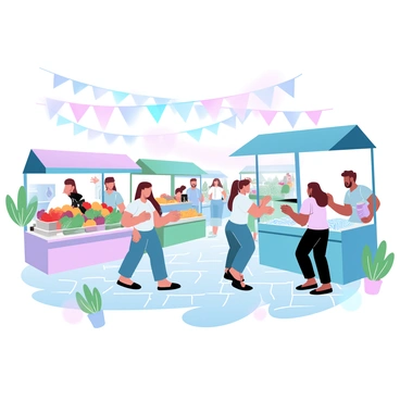 A bustling marketplace filled with various vendors showcasing their goods on colorful stalls. Some stalls display fresh fruits and vegetables, while others have handcrafted items and textiles neatly arranged. Customers are seen actively bargaining with the vendors, gesturing with their hands as they discuss prices. In the background, vibrant banners and fabric decorations hang above the stalls, adding to the lively atmosphere. The ground is paved with cobblestones, and there are small plants in pots placed around the area.