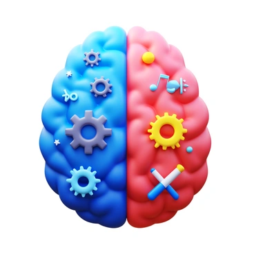 A split view of the brain, with the left hemisphere depicting logical functions, including gears and mathematical symbols. The right hemisphere showcases creative functions, featuring paintbrushes, musical notes, and light bulbs. Each hemisphere should be clearly defined, with distinct colors representing the left in blue tones and the right in vibrant colors. The overall design emphasizes the contrast between analytical and creative thinking.