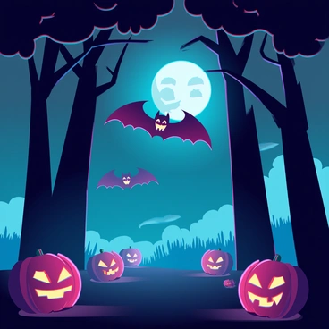 A shadowy forest with tall, dark trees looming overhead. The ground is scattered with glowing jack-o'-lanterns, each carved with unique and intricate facial expressions that emit an eerie orange light. Bats with outstretched wings are flying through the night sky, silhouetted against a bright, full moon. Wisps of fog weave through the trees, adding to the mysterious atmosphere of the scene.
