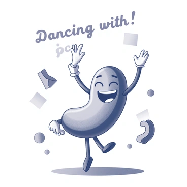 A cartoon character resembling a colon, with a large, expressive smile. The character is depicted mid-dance, with arms raised in a joyful pose. The stage features geometric shapes and patterns in various designs. The scene shows dynamic movement, with the colon character appearing lively and energetic. "Dancing with joy!" is inscribed above the character in playful lettering.