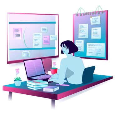 A writer with medium skin and short black hair is sitting at a cozy wooden desk, surrounded by stacks of notebooks and colorful pens. She is intently focused on a laptop screen, where various plot ideas for an anime episode are displayed. A steaming cup of tea sits next to her, and a small succulent plant adds a touch of greenery to the scene. Soft, warm light filters in from a nearby window, casting gentle shadows and creating a comfortable atmosphere. In the background, a pinboard is adorned with sticky notes and sketches, illustrating her creative process.