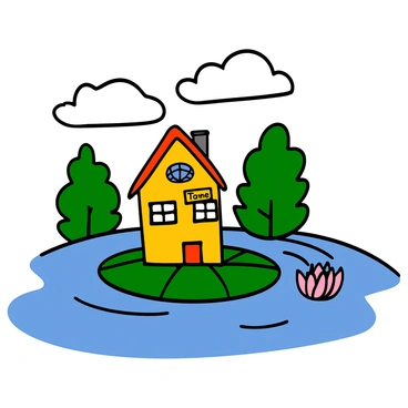 A whimsical tea shop with a colorful façade is perched on a large green lotus leaf. The tea shop has windows adorned with lace curtains and a small sign that reads "Tea Time" in playful letters. Surrounding the lotus leaf, the water of the lake is a sparkling blue with gentle ripples. Nearby, delicate pink and white lotus flowers bloom, adding vibrancy to the scene. In the background, soft green trees frame the lake, creating a lush, tranquil atmosphere. A few fluffy clouds drift lazily in the sky above, completing the charming setting.