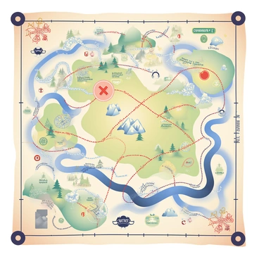 A detailed treasure map is sprawled across a weathered parchment. The map features intricate drawings of mountainous terrain, winding rivers, and dense forests. "X" marks the spot of the hidden treasure, surrounded by a series of dotted lines indicating secret paths. Clues are scattered throughout the map, including ancient symbols and riddles written in elegant script. Several landmarks, such as a skull-shaped rock and a hidden cave entrance, are illustrated alongside the pathways. The edges of the map are adorned with decorative compass roses and a scale bar, suggesting the vastness of the terrain.