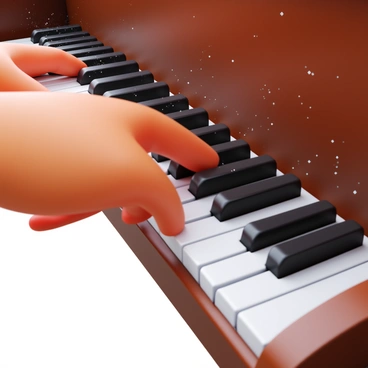 A close-up view of piano keys being pressed, showcasing the white and black keys made of smooth plastic. The fingers are gently pressing down on the keys, with subtle details highlighting the texture of the keys and the shine reflecting light. Small particles of dust can be seen in the air around the keys, representing the movement caused by the pressing action. The mechanism underneath the keys is partially visible, illustrating the hammers striking the strings inside the piano. The scene captures the dynamics of sound production through the interaction of the keys and the fingers.
