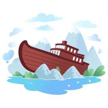 A large wooden ship is positioned on a rugged mountain peak, with its hull detailed and weathered. The ship features a multi-layered deck and a prominent bow, indicating its impressive size. Surrounding the ship, the landscape shows varying shades of green as vegetation begins to emerge from the receding floodwaters. Patches of blue sky are visible above, with soft, fluffy clouds scattered throughout. In the background, additional mountain peaks rise, some still partially covered in water, while others reveal rocky terrain. The scene captures the moment of calm after the storm, emphasizing a sense of renewal and hope.