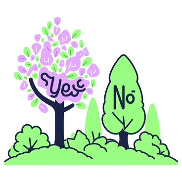 A forest scene featuring two distinct trees positioned side by side. On one side, a tree stands tall, adorned with vibrant blossoms shaped like the word "Yes," filling the branches with colorful petals. The other tree, slightly shorter, is shedding leaves that form the word "No," which flutter gently to the ground. Surrounding the trees, there are various green bushes and a soft carpet of grass, creating a natural setting. In the background, a few other trees can be seen, adding depth to the forest atmosphere.