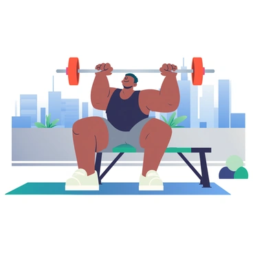 A person with medium brown skin is performing a bench press in an outdoor gym located on a rooftop. The individual is wearing a black tank top and grey athletic shorts. Their arms are raised as they lift a silver barbell, which has red weights on either end. The rooftop is equipped with gym mats and a few other fitness equipment visible around. In the background, a panoramic view of a city skyline is present, showcasing tall buildings and a clear blue sky. The scene captures the dynamic energy of the workout against the urban landscape.