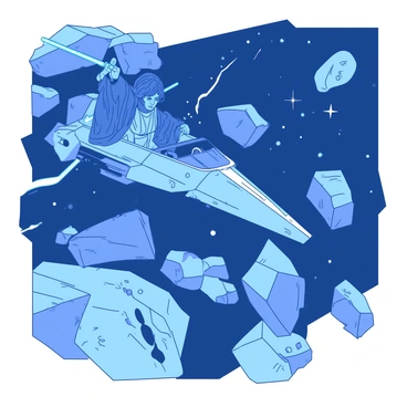 A blue Jedi wearing a flowing robe is piloting a sleek silver starship through a dense asteroid field. The starship is skillfully maneuvering between large, jagged asteroids that are floating in space. The Jedi's focused expression shows determination as he grips the controls tightly, with one hand raised, possibly using the Force. The background is filled with various shades of gray and dark blue, depicting the vastness of space with distant stars twinkling. The asteroids vary in size and shape, some are enormous while others are small and sharp-edged, creating a dynamic and challenging environment for the starship.