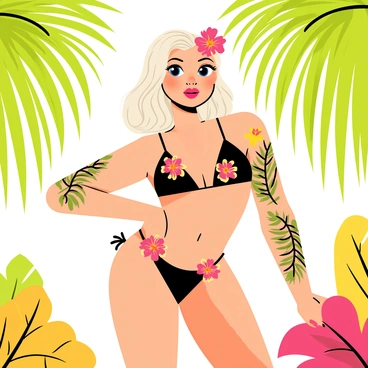 A curvy pin-up girl is posing confidently in a vibrant tropical setting. She has bold floral and palm tattoos adorning her arms and legs, showcasing a colorful design. The background features lush green palm trees with bright red and yellow flowers blooming around her. She is wearing a retro bikini that complements the tropical theme, and her hair is styled in soft waves, adorned with a tropical flower. Sunlight filters through the leaves, creating playful shadows around her.