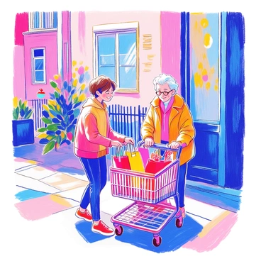 A person with short brown hair is standing outside an apartment building, assisting an elderly neighbor. The elderly neighbor has white hair and is wearing glasses. The elderly person has a shopping cart filled with colorful grocery bags. The young person is holding some of the bags, smiling warmly. The scene captures a moment of interaction, with the background showing a sunny day and a few trees. The elderly neighbor appears grateful, conveying a sense of community and kindness.