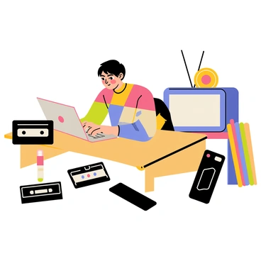 A character sitting at a wooden desk, intently working on a silver laptop. The character has short dark hair and is wearing a colorful oversized sweater. Surrounding the laptop are several iconic 90s tech gadgets. To the left, there is a black cassette player with a cassette tape partially ejected. On the right, a flip phone is open, displaying a bright screen. Behind the character, a retro television set with antennas sits on a shelf, and a collection of vibrant vinyl records leans against the wall.