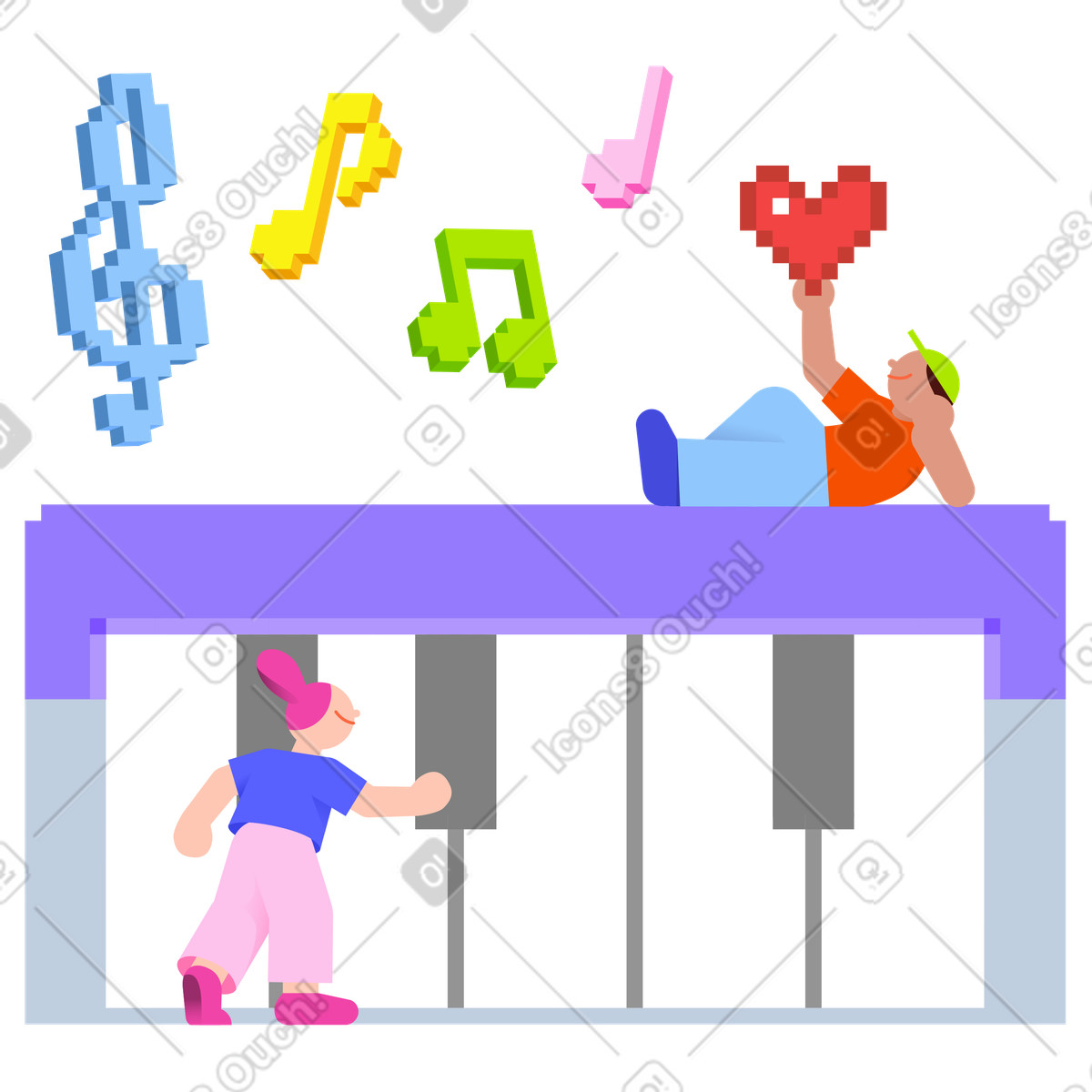 Ilustración Gente tocando una melodía musical en el piano estilo 8bit a descargar PNG y SVG
